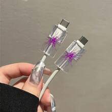 3件/套紫色蜘蛛图案，英规适用 18W/20W透明充电器保护壳，适用于 13/14/15/16英规充电器保护壳，20W充电器保护壳套装，数据线保护壳，充电器头保护壳。礼品，透明保护壳，英规充电器保护壳。Nan数据线保护套 充电器配件 手机配件