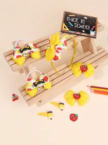 7 件套返校头带发带蝴蝶结套装，适合学生，苹果图案罗缎丝带蝴蝶结鳄鱼夹发带松紧带，带苹果配件铅笔按扣夹 BB 夹，可爱苹果印花蝴蝶结发夹发绳头饰可爱铅笔蝴蝶结发夹，适合开学第一天礼物，蝴蝶结发夹青少年发饰