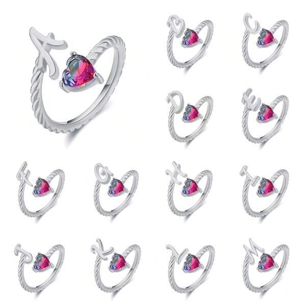 1pc 26 Letter Design Adjustable Open Heart Ring, Creative Jewelry For Women, European & American Style