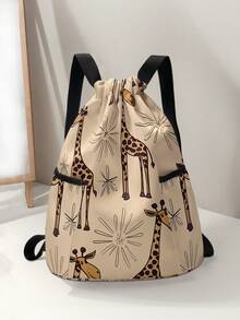 1pc Drawstring Bag With Giraffe Pattern, Black Drawstring Backpack For Sports, Fitness, Travel, Swimming, Beach, Gym Training, Unisex, Back To School - Multicolor - View 12