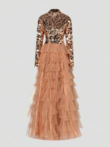 Faeriesty Váy cưới thanh lịch dành cho nữ với cổ cao, tay dài, xẻ tà cao & chân váy chữ A nhiều lớp, thân áo đính sequin, thiết kế vải tuyn sang trọng - Hoàn hảo cho đám cưới lớn, dạ hội sang trọng, vũ hội cà vạt đen, lễ trao giải trang trọng, tiệc tối chiêu đãi xa hoa - Rượu sâm banh - Xem 8