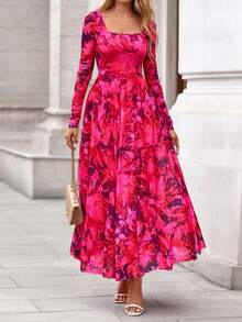 Women Floral Maxi Dress Elegant Long Sleeve Square Neck Flowy Midi Dress Spring Fall Autumn Night Out Party Club Cocktail Wedding Guest Valentine Dresses Outfits - Màu Hồng Tươi - Xem 1