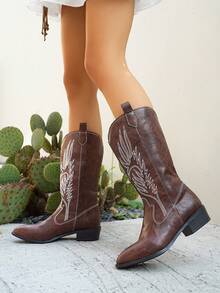 Stivali western da donna in pelle vintage americana ricamata con punta affusolata, stivali alti in pelle marrone caffè con tacco alto e spesso, stile punk, stivali Chelsea - Caffè Marrone - Visualizzare 7