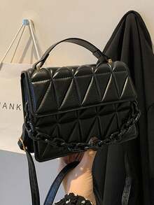 Pleated Quilted Diamond Chain Crossbody Bag - Black - View 6