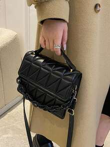 Pleated Quilted Diamond Chain Crossbody Bag - Black - View 7