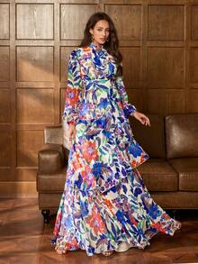 Faeriesty Đầm maxi in hoa rực rỡ, thanh lịch với họa tiết trái cây và hoa - Chất liệu chiffon nhẹ, lý tưởng cho các buổi tiệc sang trọng, sự kiện thảm đỏ và tiệc chiêu đãi trang trọng, đầm dự tiệc, đầm dạ hội, đầm dự đám cưới, đầm du lịch. - Màu xanh lam - Xem 7