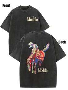 Western Cowboy Riding Printed Batik Washed T-Shirt, Simple And Versatile. - Black - View 1