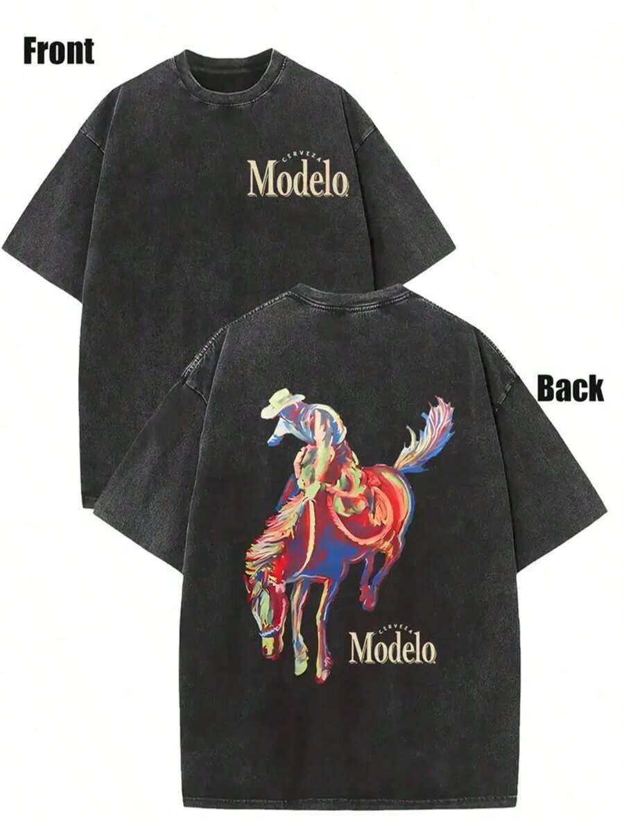 Western Cowboy Riding Printed Batik Washed T-Shirt, Simple And Versatile. - Black - View 1