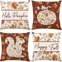4 Kissenbezüge 45 x 45 cm Herbstblatt Eichhörnchen Kürbis Kurzplüsch Dekokissenbezug für Wohnzimmer Heimdekoration - Verschiedenfarbig - Übersicht 7