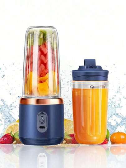 1 pieza de 400ml Exprimidor eléctrico inalámbrico y portátil, Exprimidor de frutas recargable USB-C con 6 cuchillas y doble vaso, Vaso multifuncional para jugos y batidos, Perfecto para verduras, frutas y batidos