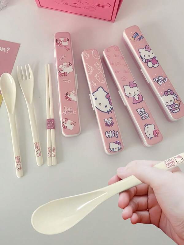 Sanrio Set de 4 piezas con palillos, cuchara y tenedor de Sanrio KT Cat, juego portátil de cubertería con caja de 3 piezas, para vuelta al cole