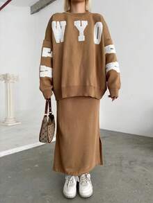 Button Detailed Skirt Set, Solid Color Casual Split Ribbed Button Co-Ord Set For Home Wear - Camel - View 1