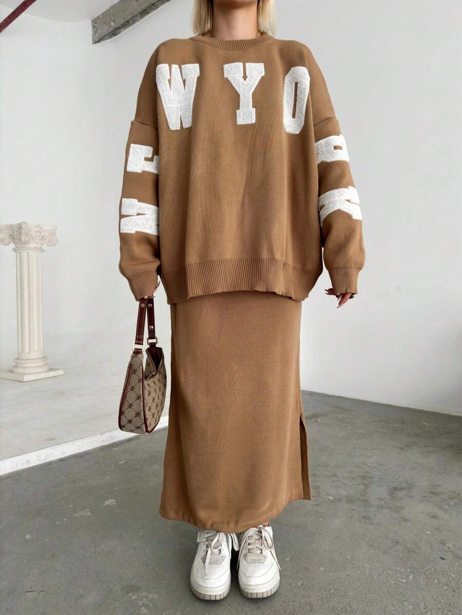 Button Detailed Skirt Set, Solid Color Casual Split Ribbed Button Co-Ord Set For Home Wear - Camel - View 1