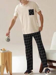 AICJ 2pcs Men's Solid Color Casual Loose Simple Wearable Spring/Summer Pocket Round Neck Short Sleeve Plaid Pants Pajama Set - Beige - View 5