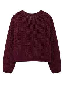 女士红色镂空金色纽扣圆领带口袋开衫