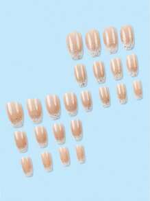 24pcs Short Ballet Style Fake Nails, Glitter Ombre White Nail Wraps, Full Cover Removable Manicure Set For Women, Suitable For Party, Prom, Everyday Wear