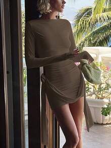 Váy dài tay xếp ly đơn giản cho nữ, mùa hè - Cà phê - Xem 8