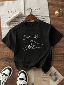 Tween Boy Casual Black Round Neck Short Sleeve T-Shirt With Letter And Gesture Print For Summer - Black - View 2