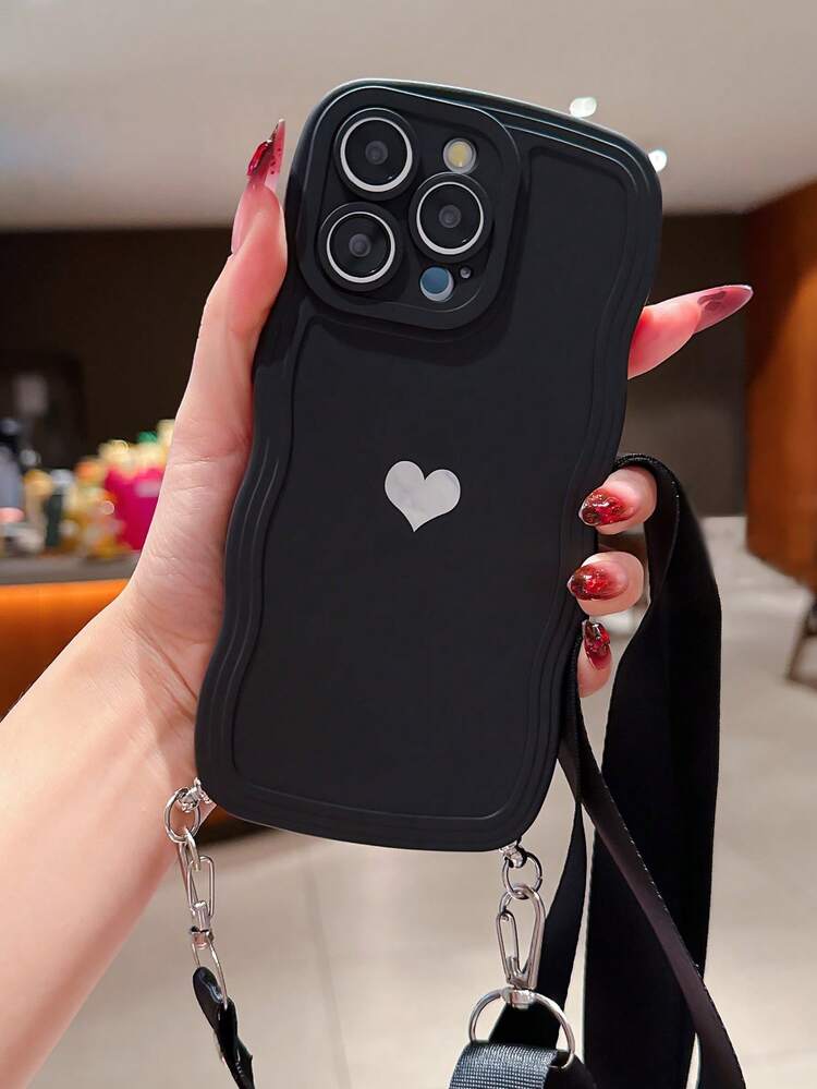 Heart-Shaped Sticker With Wavy Border, Solid Color Phone Case With Lanyard, Waterproof, Shockproof, Anti-Fall, Anti-Scratch - Black - View 2