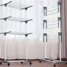 3-Tier Large Foldable Clothesline With 4 Wheels - Blanco y Negro - Ver 2