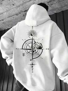 Moletom Estampado Blusa de Frio Streetwear Bússula Canguru Flanelado Unissex - Branco - Visão 1