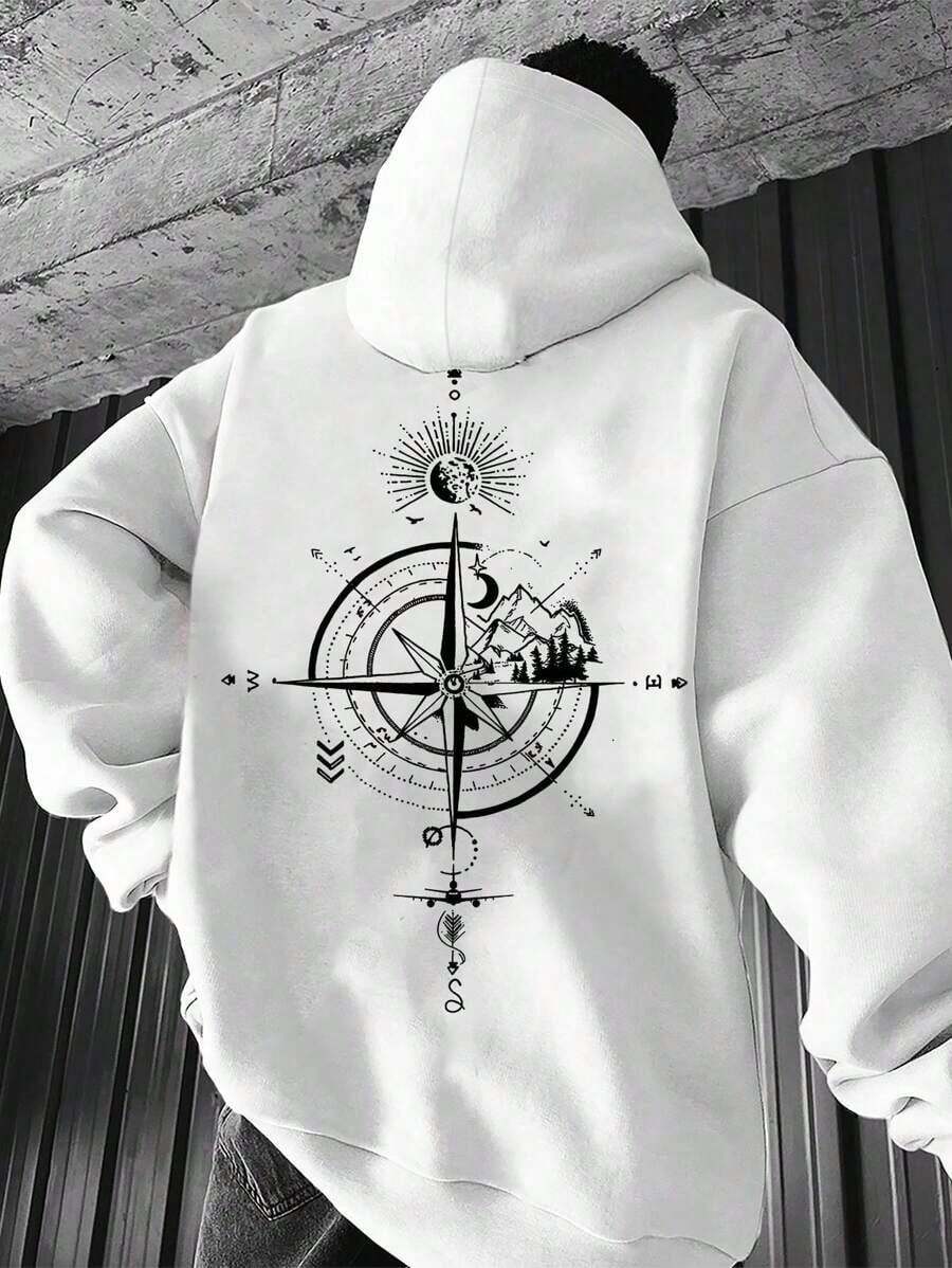 Moletom Estampado Blusa de Frio Streetwear Bússula Canguru Flanelado Unissex - Branco - Visão 1