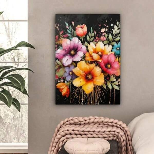 Cuadros de lienzo con la marca MuchoWow© Decoración artística para pared Decoración de cuadros para la pared del dormitorio Pintura de lienzo Decoración de pared Sala de estar Flores Graffiti Arte callejero colorido