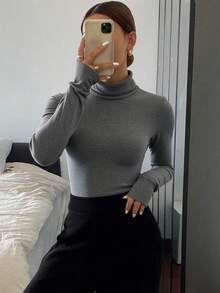 Livesso Women's Casual Solid Color Turtleneck Long Sleeve Slim Fit T-Shirt, Autumn,Fall Women Clothes - Grey - View 3