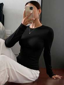 Livesso 女士休闲日常纯色长袖T恤，秋季服装 - 黑色 - 查看 7