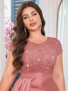 亮片花卉蕾丝撞色荷叶边开衩高开衩缎面正式晚礼服，新年礼服，优雅舞会礼服，婚礼宾客礼服，适合生日、毕业典礼、晚宴、返校节等场合 - 藕粉色 - 查看 12