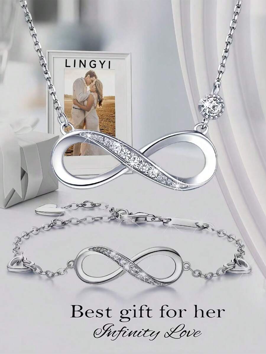 2 件 925 纯银女士项链和手链，无限符号珠宝套装，莫比乌斯锁骨链，镶嵌锆石，适合求婚、订婚、约会和女性日常佩戴