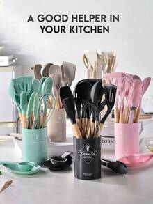 12pcs/Set Or 44pcs/Set Wooden Handle Silicone Kitchen Utensil Set, Heat Resistant Non-Stick Cookware, Suitable For Cooking And Baking, Great For Christmas - Black-regular - View 7