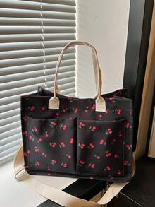 时尚休闲樱桃图案多口袋轻便购物手提包，容量宽敞，配有可调节肩带的手提包，适合女孩/女士购物、上下班通勤、医院、郊游、商场 - 黑色 - 查看 1