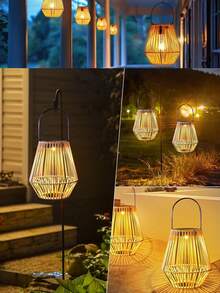 1pc Handcrafted Solar Powered Rattan Hanging Lantern, Waterproof Solar Lamp With Handle, Bohemian Style Decor For Garden, Patio, Porch, Trees, Pathways, 31.5cm Length - Multicolor - View 5