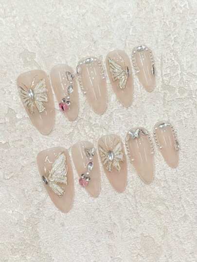 Hand-Painted 3D Butterfly 10Pcs/Pack Almond Shape Minimalist Crystal Rhinestone Nail Art Decals, Reusable Comfortable For Date, Daily Wear, Gift For Friends, Includes Mini Buffer File Press On Nails Nail Supplies Nails