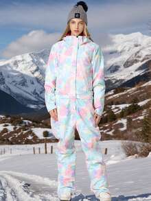 女款塗鴉風連身滑雪服，附拉鍊口袋與可拆式連帽，適合雪上運動，冬季戶外女款滑雪服，密封拉鍊防遺失設計，附拉鍊口袋滑雪服套裝，冬季運動滑雪服，適合戶外活動運動穿著，冬季滑雪裝備，強化結構，功能性滑雪裝備，雪上裝備，女款滑雪服套裝 - 彩色 - 查看 2