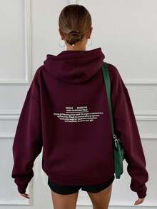 Livesso 女士宽松休闲连帽运动衫，秋季开学季新品 - 酒紅色 - 查看 2