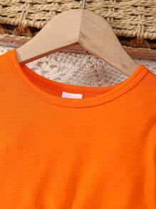 2pcs Girls' Halloween New Ghost Round Neck Elastic Ruffle Horn Sleeve Knitted Long Sleeve Top+Design Shape Letter Positioning Printed Slim Fit Bottom Elastic Pants Set(Targeted Development, Shoulder To Back Length Is The Correct Clothing Length Size) - 彩色 - 查看 3