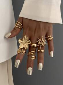 Set de 6 anillos de metal dorado vintage punk con elementos multicomponentes, decorados con elementos marinos como conchas, estrellas de mar y perlas falsas, se pueden usar solos o combinados, adecuados para atuendos diarios y de fiesta de la mujer, decoración de resort de playa, set de joyas de moda de verano