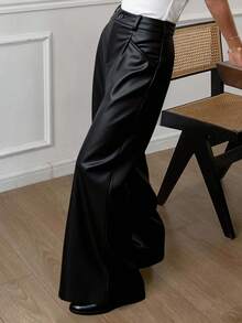 Livesso 女式简约纯色 PU 皮革阔腿裤，秋季休闲日常穿着