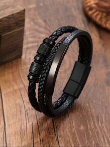 1pc Curved PU Leather Multi-Layer Bracelet, Braided Wristband, Fashion Accessory For Men, Ideal Choice For Special Occasions