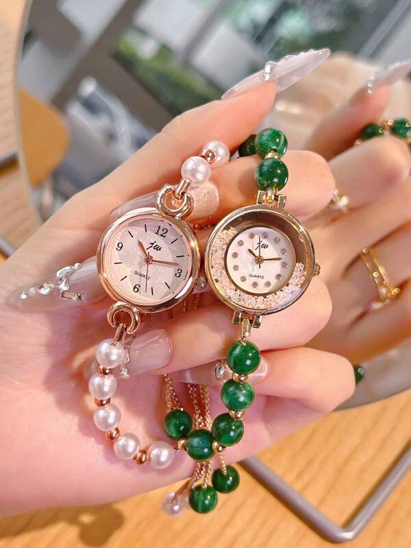 2 Pieces Set Of White And Green Pearl Combination Bracelets And Watches, Quartz Movement. With Rhinestone Dial. School Season Gift, Suitable For Daily Wear, As A Gift For Women.