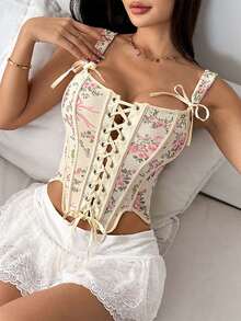 Women's Corset Crop Tops Slim Flower Print Fishbone Cross Tie Shoulder Open Back Shirts Summer Streetwear - 黃色 - 查看 2