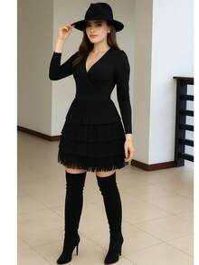 Vestido de flequillo y manga larga  Liso    Elegante  Fiesta    Tela    Envolvente  Flecos    fequillo  Noche de fiesta    otoño - Negro - Ver 3