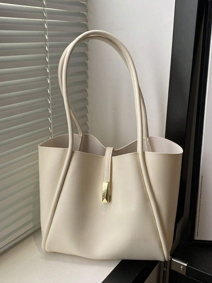 New Fashionable Solid Color Luxury Elegant Versatile Women Shoulder Tote Bag, White Bag - White - View 1