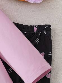 2 件套女童休闲可爱卡通猫咪印花圆领长袖上衣和随机全身印花长裤套装 - 紫色 - 查看 7