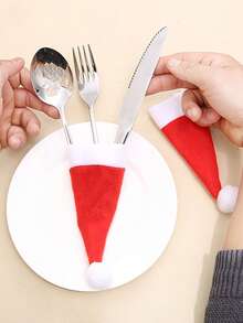 10pcs Mini Christmas Santa Cute Hats Silverware Holders - Xmas Party Dinner Table Dinnerware Decorations Supplies Flatware Decor