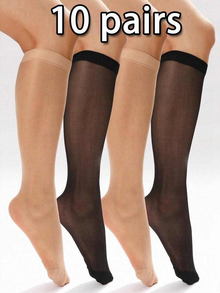 10pcs Women's Sheer Knee High Socks, Black & Beige Semi-Transparent Stockings, Fashion Versatile For Students, JK Lolita Style, Daily, Home, And Party Wear, Y2k, Cozy - Multicolor - View 1