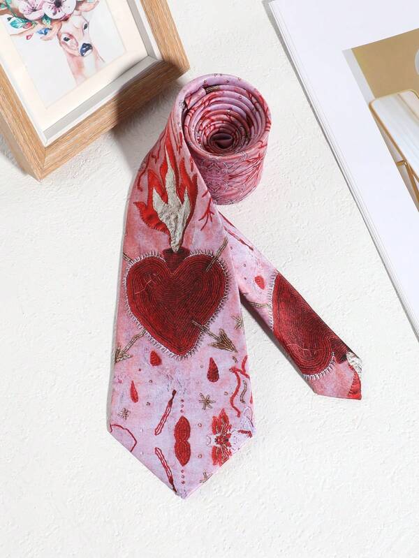1 pieza Corbata hecha a mano de seda con estampado de corazón rojo y flor de cerezo para mujer, adecuada para uso casual, callejero, diario, de fiesta y para combinación en la escuela
