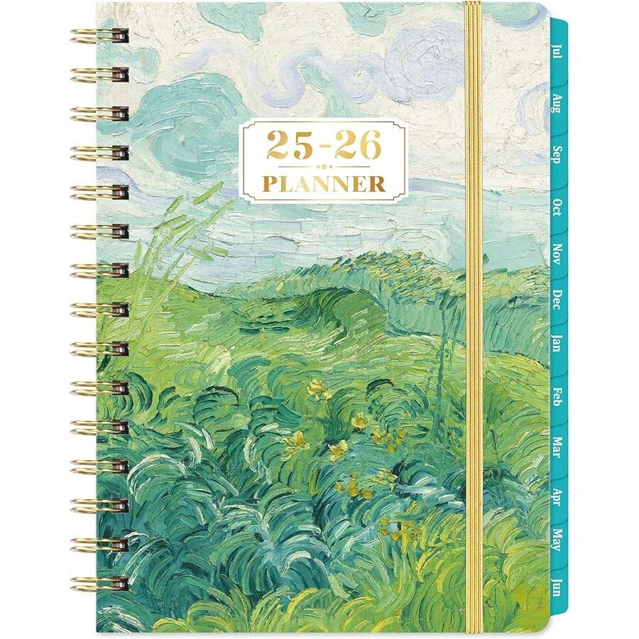 Planificador 2025-2026 - Planificador semanal y mensual 2025-2026, JUL. 2025 - JUN. 2026, Calendario 2025-2026 de 6,4" x 8,5" con pestañas mensuales, papel premium, doble alambre resistente, color verde
